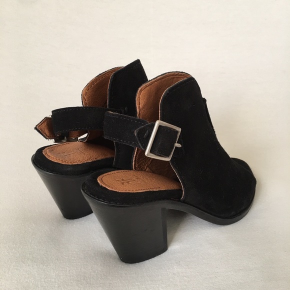 FRYE Dani Shield Sling Back Sandal Heels Open toe Wood wmn 6.5 black Or tan New - Picture 6 of 15